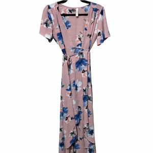 Peppermint Womens Floral Wrap Maxi Dress High Lo Small Pink Blue Made in USA